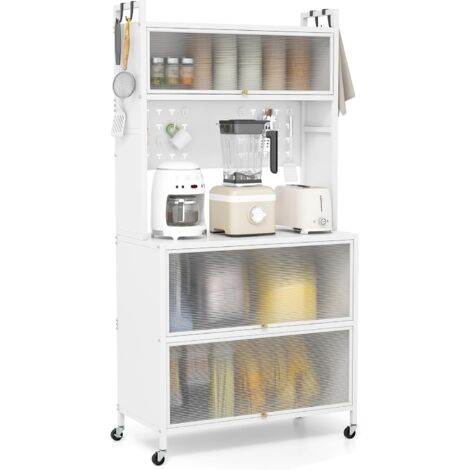 COSTWAY Credenza Alta per Cucina con 5 Ripiani e 3 Ante a Ribalta Traslucide, Mobile Cucina con Ruote e Panello a Ganci, Armadio Cucina Porta Microonde, per Soggiorno (80 x 40 x 160 cm,Bianco)