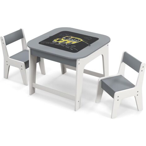 COSTWAY Set Tavolo e 2 Sedie per Bambini, con Lavagna Reversibile, Tavolo Multiattività con Vano Portaoggetti Nascosto e Sedie, per Bambini da 3-6 Anni, per Cameretta e Soggiorno (Grigio)