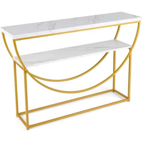 COSTWAY Tavolo Consolle a 2 Ripiani con Piano in Marmo Finto, Tavolo d’Ingresso con Struttura in Metallo Resistente e Mensola, Tavolino Lungo e Moderno per Corridoio, Ingresso e Salotto