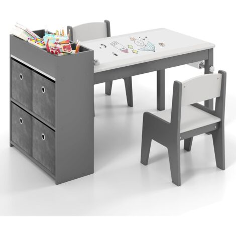 COSTWAY 3 in 1 Set Tavola d’Arte e 2 Sedie per Bambini, Tavolo in Legno con Rotolo di Carta per Disegnare, Mobile Montessori per Cameretta con Ripiani e 4 Cassetti in Tessuto Salvaspazio (Grigio)