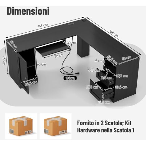 Furologee Scrivania Per 2 Persone Con Prese USB E Ripiani - Lunga 180 Cm, Design Moderno Nero, Per Ufficio O Studio - 2