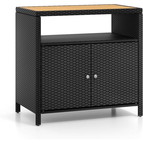 COSTWAY Armadietto Portaoggetti in Rattan, Mobile Buffet per Esterni in Legno di Acacia, Con Compartimento Aperto e Armadio Chiuso a 2 Ante, per Piscina, Terrazza e Patio, 90 x 53 x 66 cm (Nero)