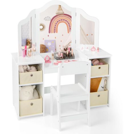 COSTWAY Toeletta Trucco 2 in 1 per Bambina, Specchiera Staccabile per Ragazza in Legno Robusto con 4 Cassetti in Tessuto, Sgabello e Specchio, Postazione Trucco per 3 Anni, 104 x 40 x 117 cm (Bianco)