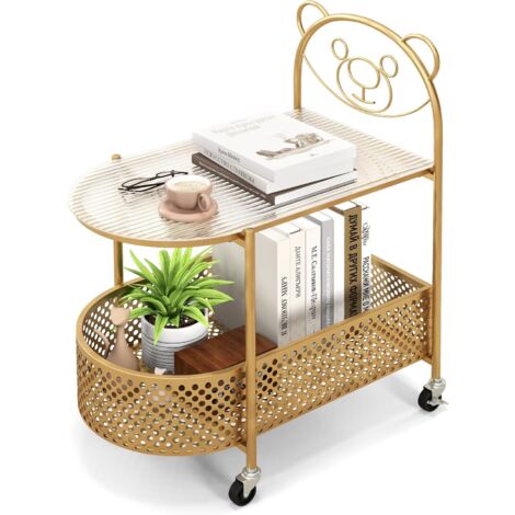 COSTWAY Tavolino da Caffè in Vetro a 2 Livelli, Tavolino Laterale con Ruote Bloccabili, Motivo Orso e Cesta di Stoccaggio, Tavolino per Salotto, Camera da Letto e Studio (Oro) (1/5)