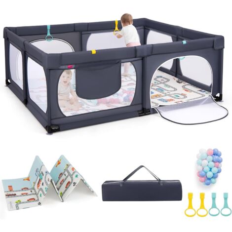 COSTWAY Box per Bambini con Materassino, Recinto per Bambini 189 x 158 cm con 4 Anelli e 50 Palline Colorate, Rete Traspirante, Tasca e Borsa, Box Giochi per Bambini 0-3 Anni (Grigio Scuro)