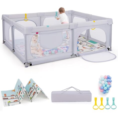 COSTWAY Box per Bambini con Materassino, Recinto per Bambini 189 x 158 cm con 4 Anelli e 50 Palline Colorate, Rete Traspirante, Tasca e Borsa, Box Giochi per Bambini 0-3 Anni (Grigio Chiaro)