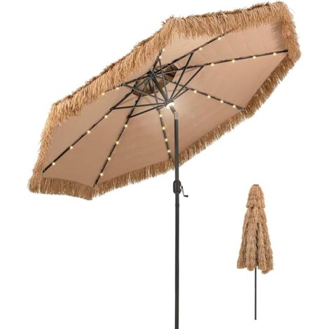 COSTWAY Ombrellone da Spiaggia da 300 cm, Ombrellone Hawaiano con 32 Luci LED, Ombrello da Giardino in Paglia PE, con Manovella e Inclinazione Regolabile, Ombrellone Portatile per Giardino Piscina