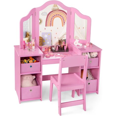 COSTWAY Toeletta Trucco 2 in 1 per Bambina, Specchiera Staccabile per Ragazza in Legno Robusto con 4 Cassetti in Tessuto, Sgabello e Specchio, Postazione Trucco per 3 Anni, 104 x 40 x 117 cm (Rosa)