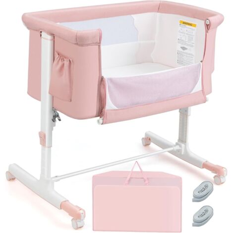 COSTWAY 3 en 1 Lit Cododo Bébé avec Matelas & 5 Hauteur Réglable, Lit Bébé Evolutif avec Inclinaison & 2 Sangles, Roues avec Frein, Sac de Transport, Charge 9kg pour 0-5 Mois, 86x63x81cm