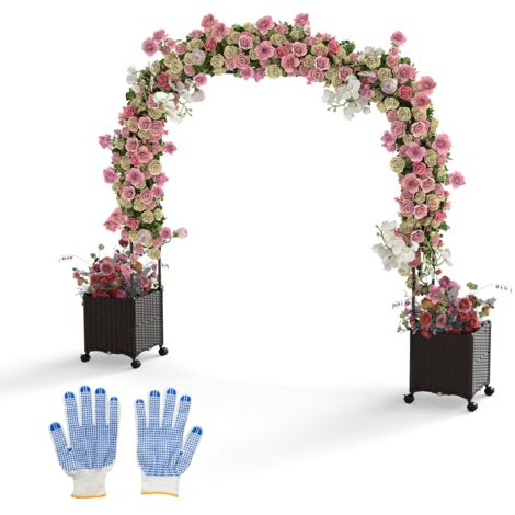 Arco da giardino da 288 cm con 2 fioriere per piante rampicanti con sistema di irrigazione automatica, foro di drenaggio e ruote bloccabili