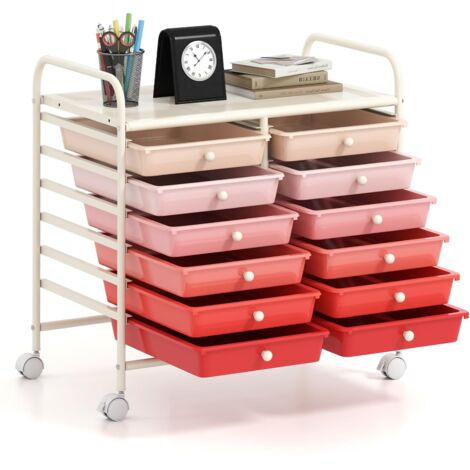 COSTWAY Carrello di Stoccaggio con 12 Cassetti, Carrello portaoggetti con 4 Ruote, Carrello Multiuso per Scuola Ufficio Cucina, 64 x 38 x 62 cm (12 cassetti Rosa sfumato) (1/5)