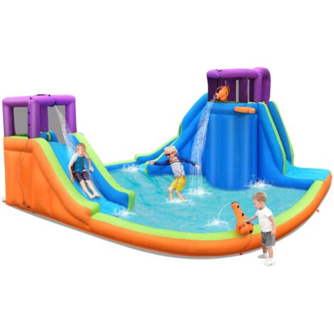 COSTWAY Castello Gonfiabile per Bambini con 2 Torre e Cannoni d’Acqua, Castello Gonfiabile con 2 Scivoli, Muro di Arrampicata e Canestro, Parco Acquatico per Bambini da 3+ Anni