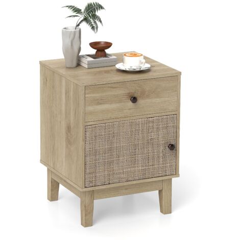 COSTWAY Comodino in Rattan 40 x 39 x 55 cm, Mobile Moderno con Cassetto, Armadietto e Gambe in Legno Massello, Tavolino in Stile Boemia per Camera da Letto, Soggiorno e Salotto (Nero)