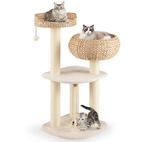 Albero per gatti XXL 104 cm, Albero per gatti in legno 3 tiragraffi in sisal, torre per gattini con 3 piattaforme, cestino, pompon, corda tiragraffi, beige