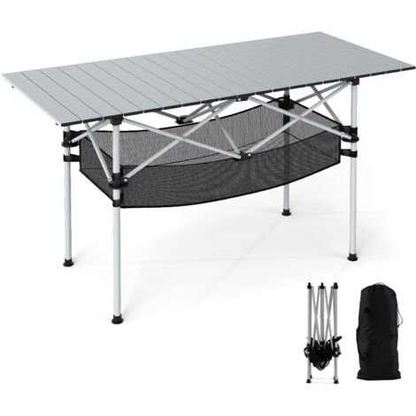 COSTWAY Tavolo da Campeggio Pieghevole, Tavolo da Picnic Portatile con Piano in Alluminio Arrotolabile, Cestello in Rete, Borsa da Trasporto per Giardino Spiaggia Pesca, Portata 100 kg (Argenteo)