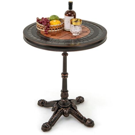 COSTWAY Tavolo da Pranzo Rotondo da 70 cm, Tavolino in Alluminio Fuso Vintage Stile Maiolico Dipinto con Decorazioni, Tavolo Antico per Giardino, Cortile, Terrazza, Bar e Casa, Color Bronzo (1/5)