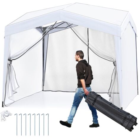 Gazebo da giardino pieghevole pop-up 3x3m con 4 pareti laterali, tenda per feste con rete a maglie, borsa con ruote, 8 picchetti, 4 corde antivento, bianco (1/5)