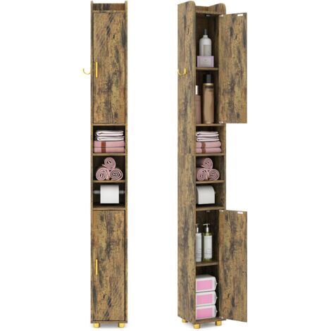 COSTWAY Mobiletto Bagno Salvaspazio 20 x 20 x 179 cm, Armadietto Stretto con 2 Ante, Ripiani Regolabili e Gancio Laterale, Armadio Salvaspazio per Cucina, Ufficio e Soggiorno (Marrone) (1/5)