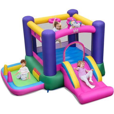 COSTWAY Castello Gonfiable 6 in 1 per Bambini con Scivolo, Castello Gonfiabile con Trampolino, Piscina e Canestro Basket, Gioco Gonfiabile da Interno ed Esterno, per Bambini da 3 a 12 Anni (1/5)