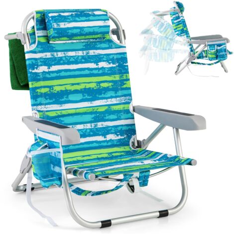 COSTWAY Sedia da Spiaggia, Sdraio Pieghevole a 5 Posizioni con Portabicchieri, Poltrona da Spiaggia con Cuscino per Testa e Zaino, Sedia da Campeggio Portatile, Portata 150 kg (Blu e Verde,1) (1/5)