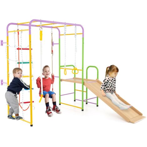 COSTWAY 8 in 1 Set da Arrampicata per Bambini, Set Giocattoli Scivolo con Barre Scala Corda Anelli Ginnici e Altalena, Parco Giochi per Bambini 3 Anni +, Carico 100 kg