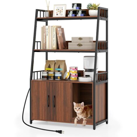 COSTWAY Mobile Lettiera per Gatti 80 x 40 x 132 cm, Credenza Soggiorno con Ripiani di Stoccaggio, Tiragraffi per Gatti, 2 Prese AC e Cuccia, Armadio Salvaspazio per Cuccia e Ingresso (Noce)