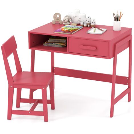 COSTWAY Set Tavolo e Sedia Bambini 3+ Anni, Scrivania e Sedia Legno Sicuro con Cassetto, Scrivania Ergonomica per Studio e Disegno (Rosa)
