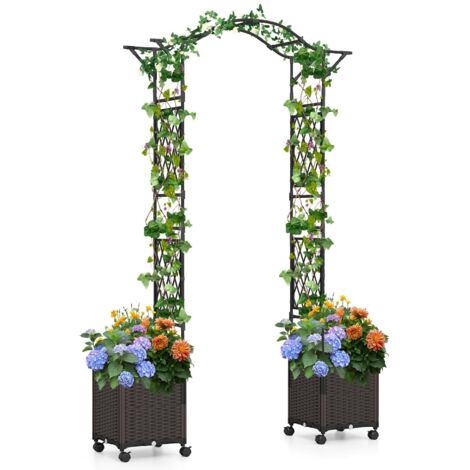Arco da giardino da 208 cm con 2 fioriere e traliccio, pergolato da esterno in metallo rivestito in PE antiruggine con ruote autoirriganti, nero
