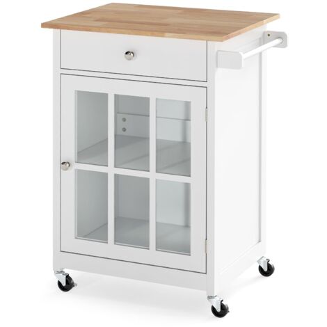65 x 48,5 x Credenza da cucina da 87,5 cm, piano in legno di caucciù, ruote bloccabili, cassetto, portasciugamani, anta in vetro temperato, bianco (1/5)