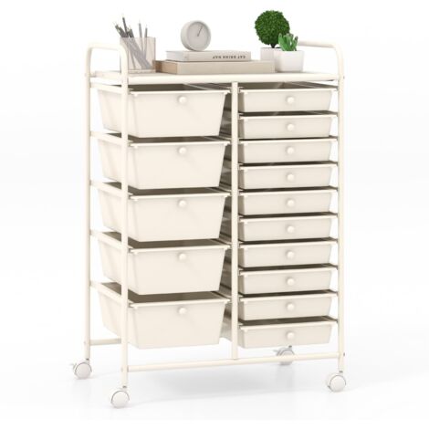 Carrello portaoggetti in PP con 15 cassetti, torre portaoggetti con ruote, struttura in metallo, per scuola, ufficio, 63 x 37 x 87 cm, Bianco (1/5)