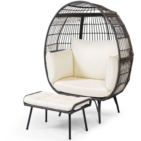 Poltrona a uovo con pouf, poltrona da giardino in vimini a 2 pezzi con morbidi cuscini, struttura in metallo e poggiapiedi, per soggiorno e giardino