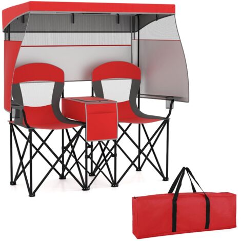 COSTWAY Sedia Spiaggia a Doppio, Sedia da Campeggio con Tettoia Regolabile, Poltrona Loveseat per 2 Persone, con Borsa da Trasporto, Borsa Termica, per Giardino Picnic, Portata 300 kg (Rosso)