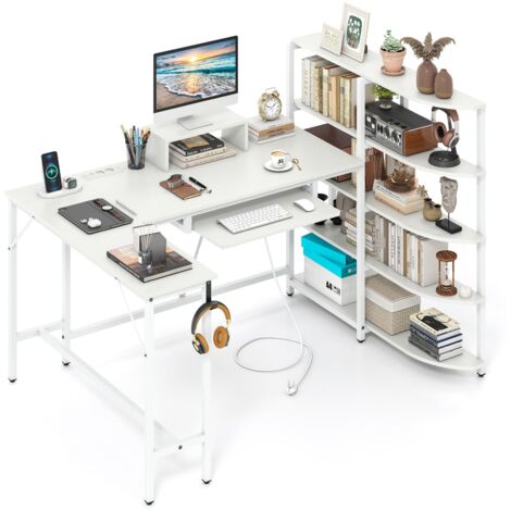 Scrivania a L con scrivania per computer a 5 ripiani con supporto per monitor, scrivania angolare con gancio per cuffie e cassetto per tastiera, Bianco