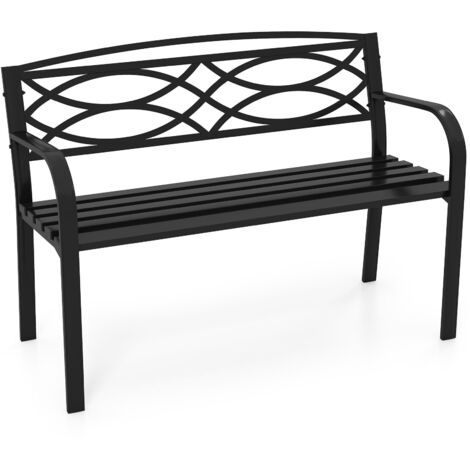 COSTWAY Panchina da Esterno 2-3 Posti, Panca in Metallo con Schienale Motivo Geometrico, Braccioli e Seduta a Doghe, Sedia Moderna per Parco, Cortile e Giardino