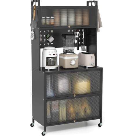 COSTWAY Credenza Alta per Cucina con 5 Ripiani e 3 Ante a Ribalta Traslucide, Mobile Cucina con Ruote e Panello a Ganci, Armadio Cucina Porta Microonde (80 x 40 x 160 cm,Nero)