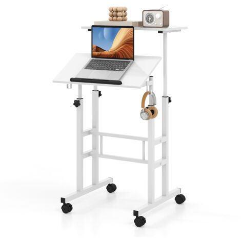 Scrivania mobile regolabile in altezza e in altezza per laptop con ripiano angolare regolabile, 2 ganci rimovibili e ruote, bianco