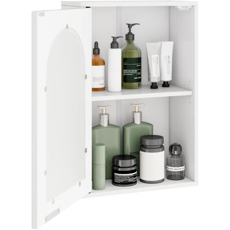 Mobiletto da bagno a muro, mobiletto porta medicinali con anta in vetro temperato e ripiano regolabile, contenitore sopra il WC per lavanderia, bianco