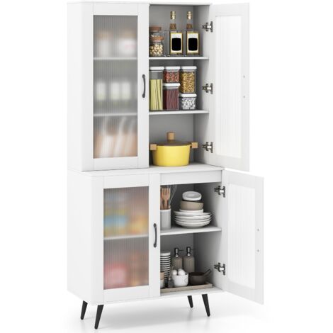 Credenza da cucina 178,5 cm H con 4 ante trasparenti, ripiano regolabile, credenza indipendente con gambe in metallo, per sala da pranzo, soggiorno, bianco