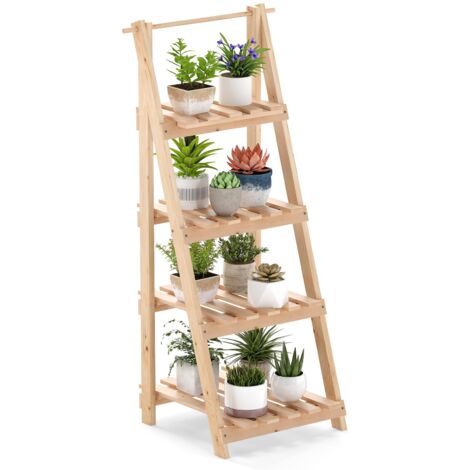 Scaffale da giardino in legno di abete a 4 ripiani, scala per fiori alta 109 cm, portavasi per interni ed esterni per soggiorno e balcone, naturale (1/5)