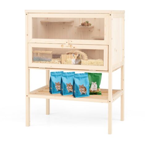 COSTWAY Gabbia per Criceti, Gabbia Criceti in Legno con Tetto a Rete, Aree Multiscala, Rampe, Ripiano Inferiore, Pannello in Acrilico, Porta Bloccabile, 60 x 40 x 80 cm