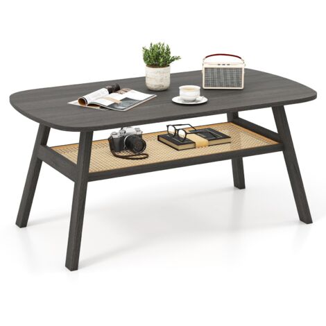 COSTWAY Tavolino da Salotto, Tavolo da Caffè a 2 Livelli in Rattan e Gambe in Legno di Gomma, Tavolo Rettangolare per Soggiorno, Ufficio e Salone, Portata 9,5 kg, 100 x 55 x 44,5 cm (1/5)