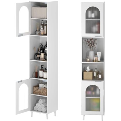 Mobiletto alto per bagno, mobiletto stretto con 2 ante in vetro temperato ondulato Porte, ripiani regolabili per soggiorno, cucina, bianco