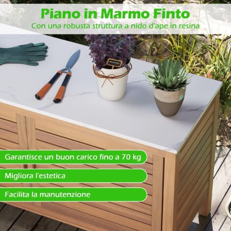 Mobile contenitore da esterno per patio a 2 ante con piano in finto marmo, Credenza da esterno per giardino Naturale