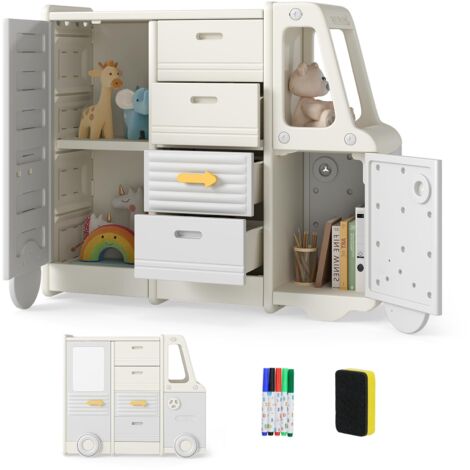 COSTWAY Organizzatore per Giocattoli per Bambini, Scaffale Portagiochi a Forma d Autobus con 1 Lavagna, 4 Cassetti e 2 Armadi, Contenitori Salvaspazio per Camera da Letto, Ingresso e Soggiorno