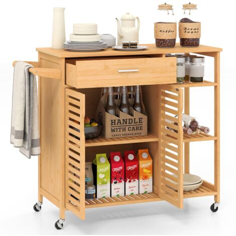 COSTWAY Carrello da Cucina, Mobile da Cucina in Bambù con Ruote Cassetto Ripiani Barra per Asciugamani e Armadio con 2 Porte, Organizzatore per Sala da Pranzo Soggiorno, 104x40x89 cm (1/5)