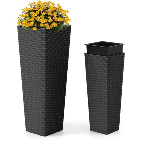 COSTWAY 2 Vasi Alti per Piante da Interno ed Esterno, Grandi Fioriere in Rattan con Vassoi Interni Rimovibili, Fori di Drenaggio, Fioriere Decorative per Giardino, Cortile e Balcone (Nero)