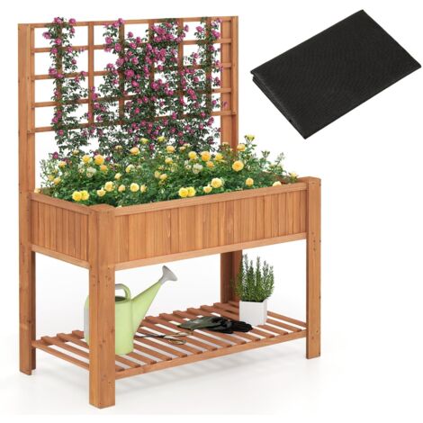 Fioriera rialzata con graticcio fondo aperto, Cassetta di legno a due livelli per verdure fiori erbe frutta Naturale