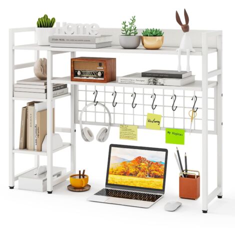Scaffale da scrivania a 4 ripiani con pannello in rete metallica e 6 ganci, per monitor fino a 32", 94 x 25 x 74 cm, Bianco