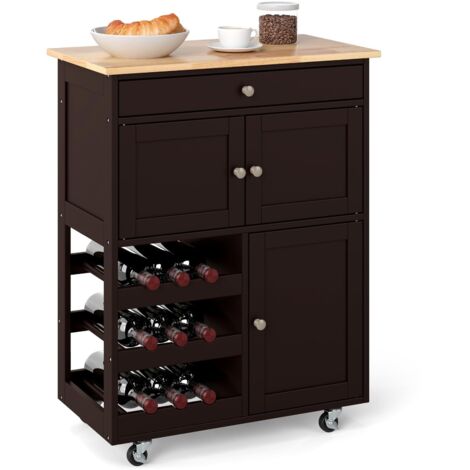 COSTWAY Carrello da Cucina, con Portabottiglie Tre Ante e Ruote, Credenza Cucina in Legno di Pino e MDF, Ideale per Soggiorno e Cucina, 67 x 37 x 86 cm (Marrone) (1/5)