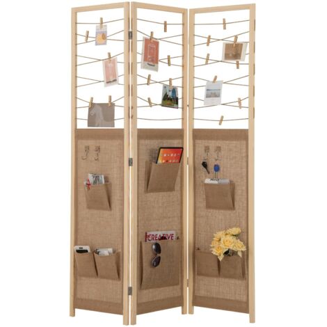 COSTWAY Paravento a 3 Pannelli, Separé Divisorio Pieghevole con 8 Tasche, 4 Ganci, Corde di Iuta per Appendere e 20 Clip in Bambù, Separatore di Spazio in Legno Boho per Casa e Negozi (1/5)
